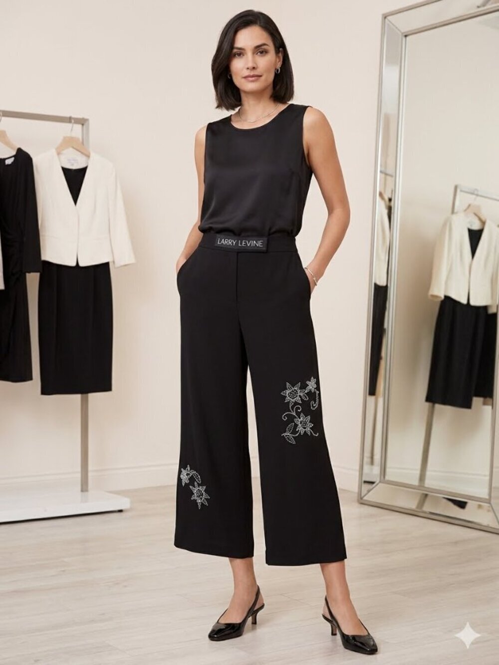 Larry Levine Women 8P Black Linen Blend Floral Beaded Crop Pant Side Zip Casual